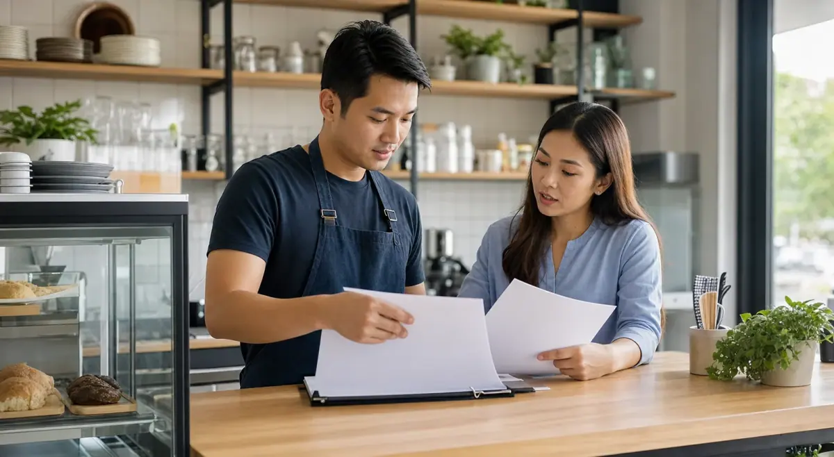 Small-business owner reviewing working capital documents Small-business owner reviewing working capital documents