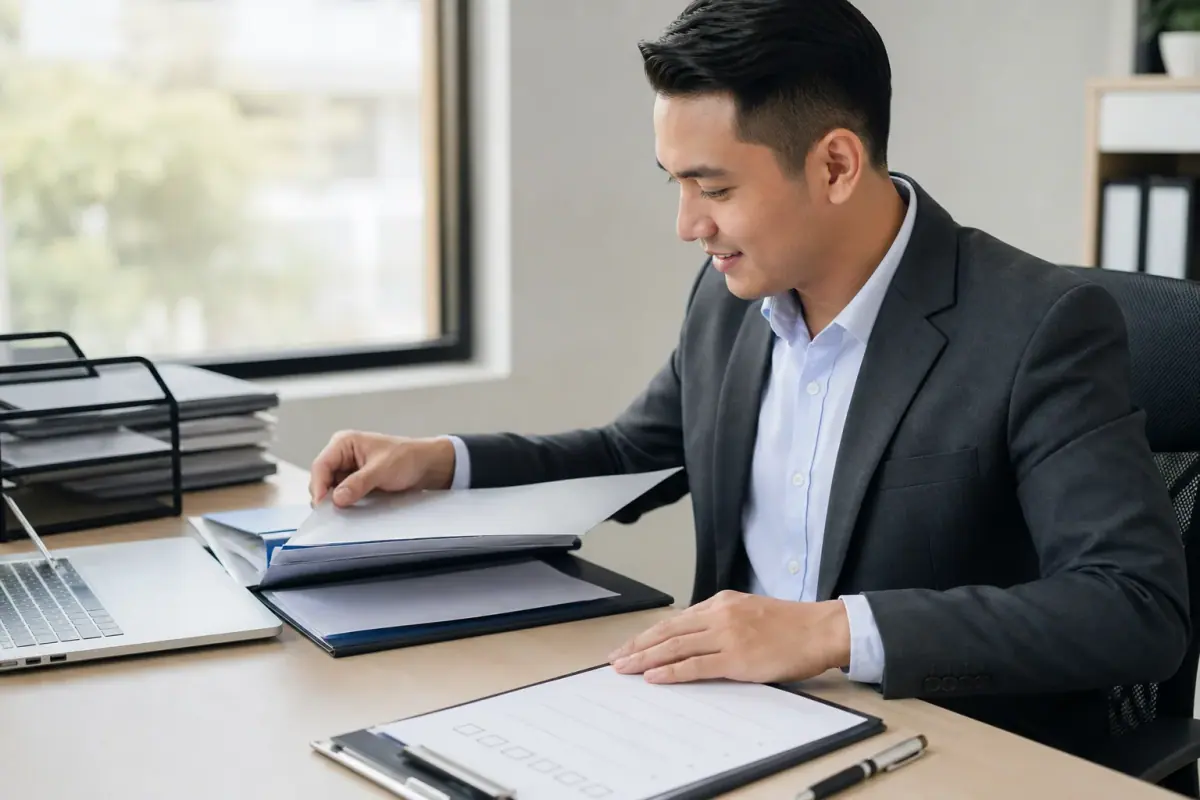Adviser organising loan application files Adviser organising loan application files